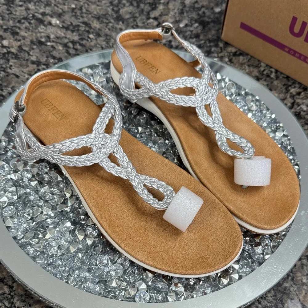 UBFEN metallic silver and Tan Braided Sandals NEW 10